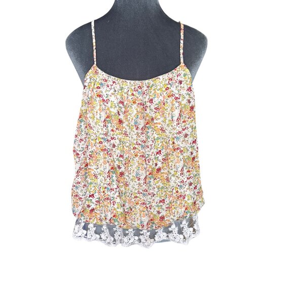Womens Floral Spaghetti Strap Tank Top W/ Lace Hem By Poetry Size L 100% Polyest - Picture 1 of 6